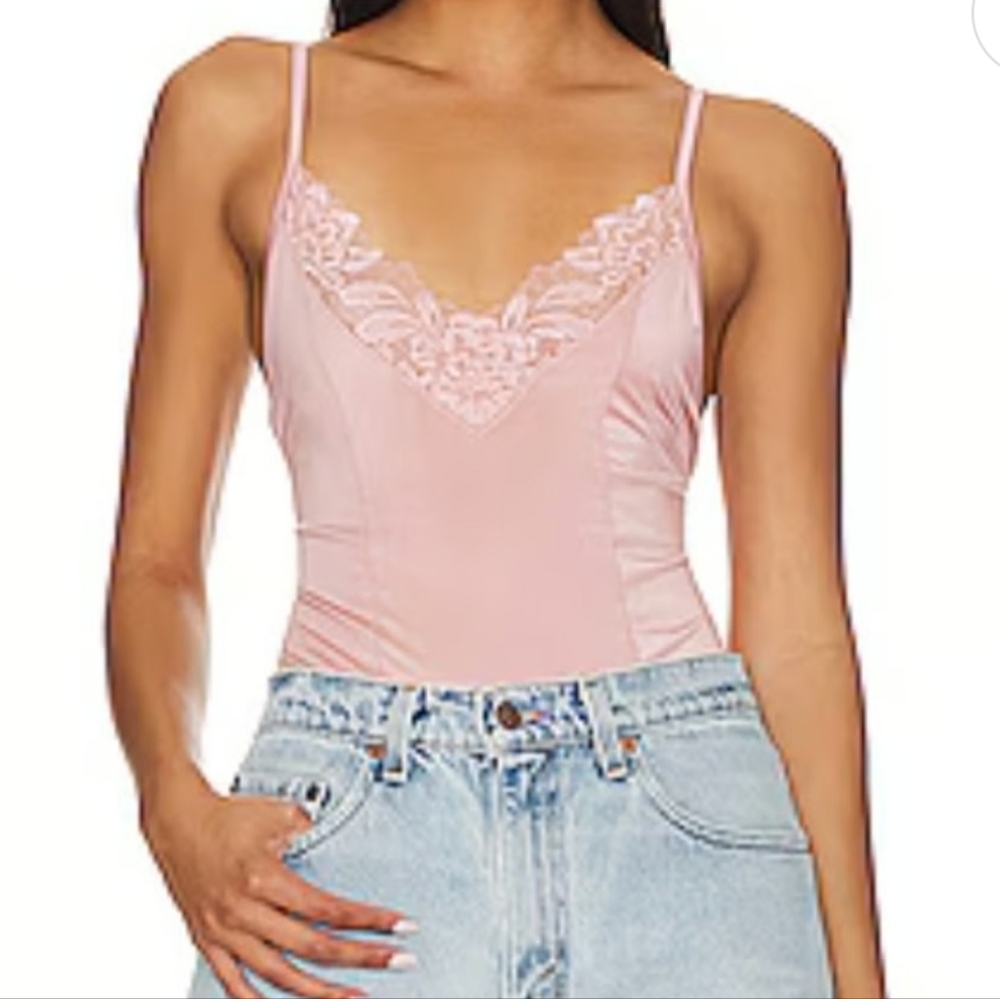 Free People Intimately FP Wild Bunch Bodysuit Pink Lace Trim Womens Size S Vneck